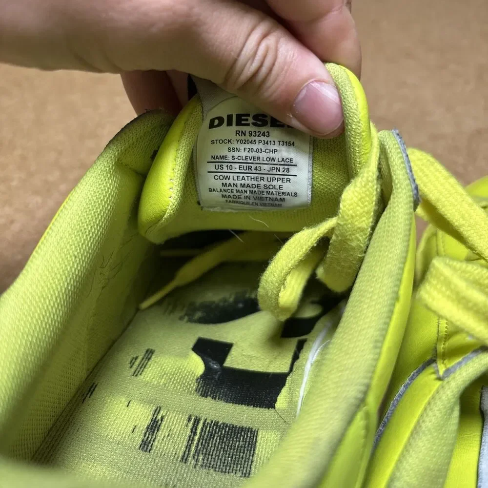 Diesel S-Clever Low Sneakers Men 10 US 43 EU Neon Yellow Belly Leather